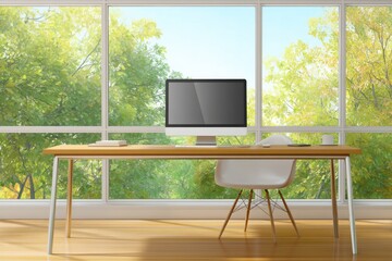 Poster - Home office setup with computer on desk overlooking lush green trees through large window interior design