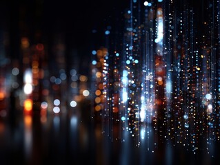 Fototapete - Abstract data stream flowing in cyberspace with bokeh light effects and dark background creating a futuristic and modern technology concept