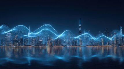 Leinwandbilder - Dubai skyline at night with digital waves overlaying the city from a low angle with water reflection