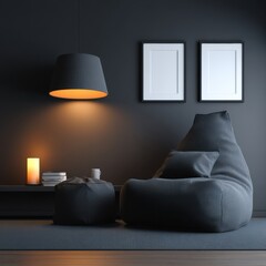 Leinwandbilder - Cozy Dark Interior with Beanbag Chair and Warm Lighting Minimalist Style Home Decor Relaxation Scene