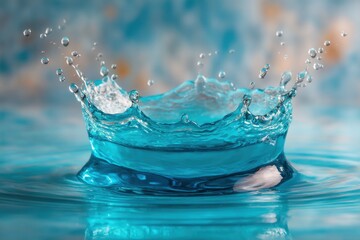 Fototapete - Turquoise Water Droplet Impact Creates Crown Splash Close Up Studio Shot Abstract Liquid Motion