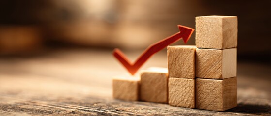 Poster - Wooden Blocks Stacked with Red Arrow Showing Growth and Success on Wood Surface Close Up Macro Business Concept