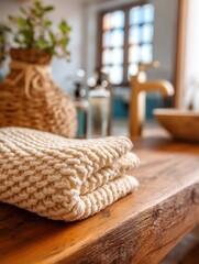 Aufkleber - Close-up of folded beige towels on rustic wooden bathroom counter with vase and faucet in background