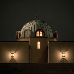Aufkleber - Architectural dome illuminated at night low angle view showing windows and wall lamps in urban setting