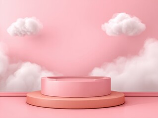 Poster - Pink podium display background with clouds for product presentation minimalist style studio shot advertisement backdrop showcase promotion