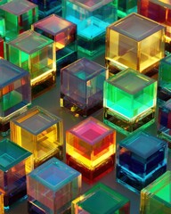 Poster - Abstract arrangement of translucent glass cubes in vibrant colors, studio shot, geometric design, modern art, glowing light effect, creative composition