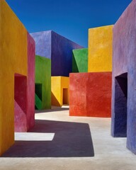 Poster - Colorful architectural labyrinth under a clear blue sky abstract perspective of vibrant building facades
