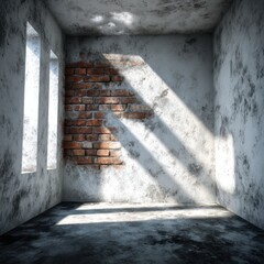 Aufkleber - Empty Room Interior with Brick Wall and Sunlight through Windows Perspective View of Abandoned Space