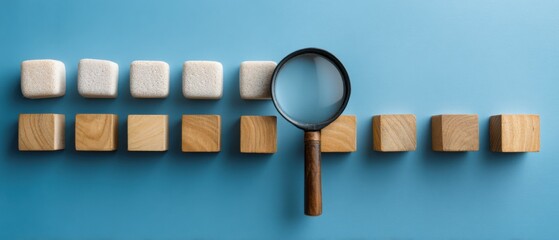 Poster - Magnifying Glass Inspecting Wooden Blocks on Blue Background Top Down Flat Lay for Analysis and Problem Solving