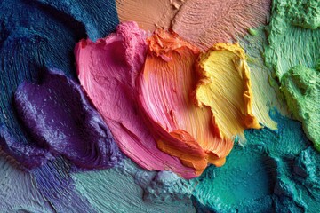 Poster - Close-up of Colorful Oil Paint Strokes on Canvas, Artistic Texture, Abstract Expressionism, Studio Shot, Bright Palette