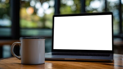 Poster - Laptop with Blank Screen and Coffee Mug on Wooden Table in Cafe Blurred Background Mockup Close Up
