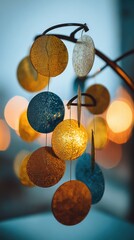 Poster - Abstract Mobile with Circular Discs in Gold Blue and Bronze Hanging in a Home Interior Close Up View