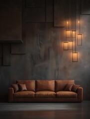 Poster - Brown leather sofa in modern living room with geometric wall and pendant lights interior design style