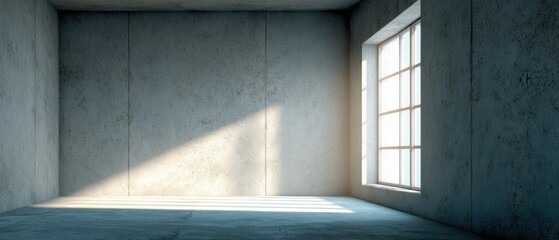 Poster - Empty Concrete Room Interior with Sunlight Streaming Through Window Low Angle Architectural Space Design