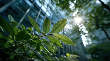 Poster - Green leaves growing near modern glass building in city park