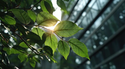 Poster - Sunlight filtering through vibrant green leaves in urban setting