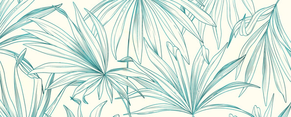Wall Mural - abstract botanical art background with tropical plant leaves in white and blue with line elements. l