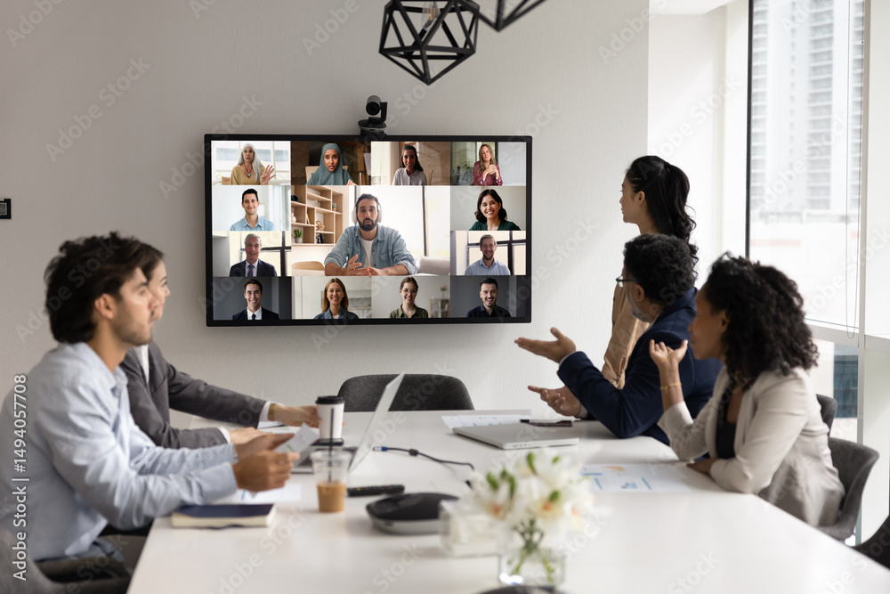 Team of businesspeople professionals participating in video conference ...