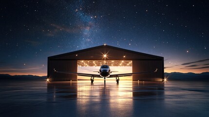 Poster - Under a star-filled sky, a glowing hangar shelters a sleek plane, blending innovation and aviation marvel