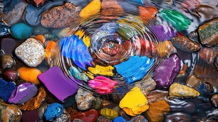 Poster - Twilight river ripples shimmer as water drop disturbs the surface, revealing colorful stones beneath in soft evening light