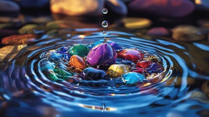 Poster - Twilight river ripples shimmer as water drop disturbs the surface, revealing colorful stones beneath in soft evening light