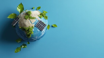 Poster - Stylized earth with leaves, solar panels, and water icons, floating on a minimal blue background with room for text