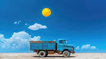 Poster - Striking blue transport truck dominates the scene with vivid colors, standing tall against a smooth gradient sky
