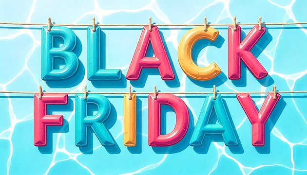 illustration of the text Black Friday with each letter painted in a different swimming pool colour, and each letter is hanging from a rope created with generative ai