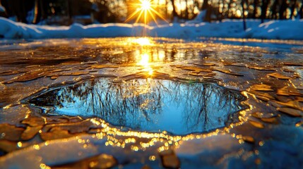 Poster - Shimmering frozen surface reflecting warm golden sunset light, capturing the delicate beauty of ice and color