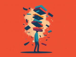 geometric shapes overwhelm a figure, flat design shows emotional weight crushing simple form abstrac