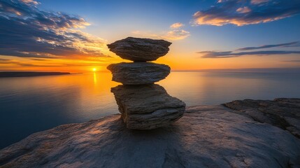 Poster - Precarious yet peaceful, a rock stack defies gravity at the edge of a cliff, silhouetted by vivid sunset colors