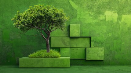 Poster - Modern abstract tree design pops against a bright green block, blending natural forms with geometric art