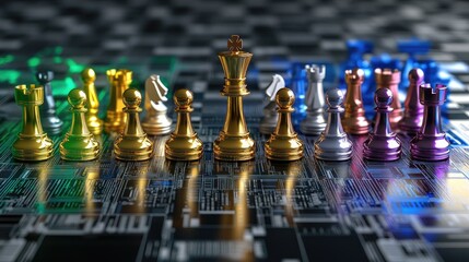 Poster - Knights and pawns on a tech circuit backdrop, symbolizing the fusion of chess strategy and digital business competition