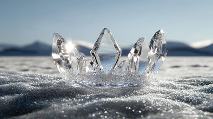 Poster - Icy crystal crown glistens on a subtle, frosty background, minimal design and low detail focusing on texture and cold elegance