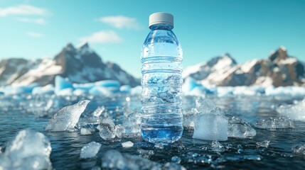 Poster - Half-full water bottle rests on melting ice, surrounded by cold environment and distant mountains, evoking purity and refreshment in nature