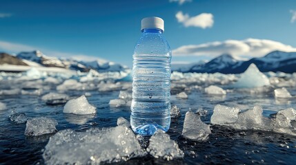 Poster - Half-full water bottle rests on melting ice, surrounded by cold environment and distant mountains, evoking purity and refreshment in nature