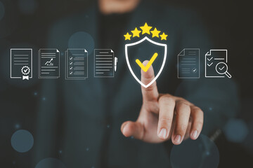 Poster - Quality Assurance and Certification Compliance Concept. Man touching standard quality control certificate assurance guarantee for automation process. Quality control management, Audit Documentation,