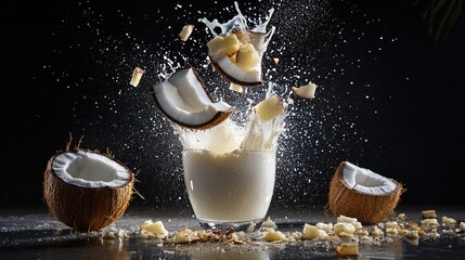 Poster - Fresh coconut halves dive into a glass of creamy coconut milk, sending a splash skyward in a deliciously dynamic burst