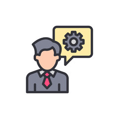 Poster - Professional Man With Cogwheel Speech Bubble For Business Strategy