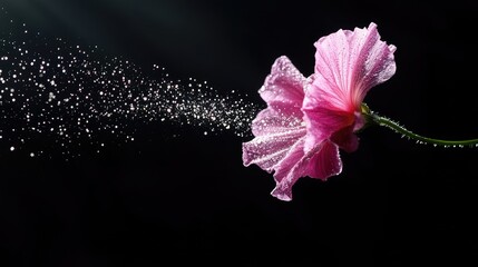 Poster - Ethereal light surrounds a pink bloom, floating in darkness with sparkling embers
