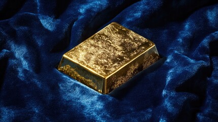 Aufkleber - Close-up of a lustrous gold bar set against rich blue velvet, sharp focus and clean composition emphasizing opulence and texture