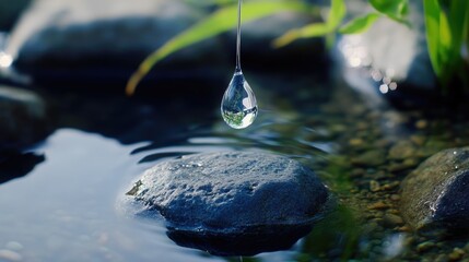 Poster - Clear droplet hanging above dark stone and water, a minimalist image symbolizing balance, calm, and liquid alchemy in nature