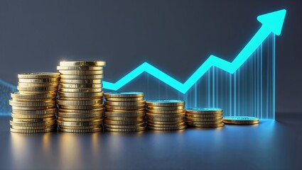 Poster - Financial growth represented by stacked coins and an upward trending graph in a modern style