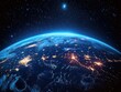 © Olya - Brightly illuminated Earth surface at night showing city lights under a starry sky with a glowing blue atmosphere