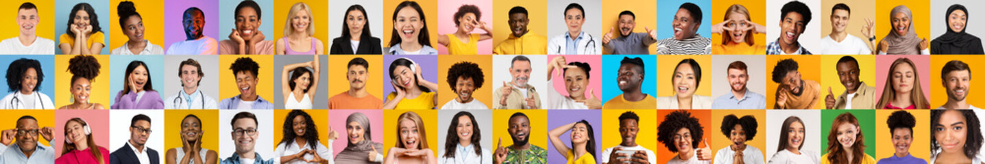 Poster - A lively collection of people from various backgrounds expressing happiness and individuality, captured against colorful backgrounds. Each face reflects a unique story in this vibrant set.