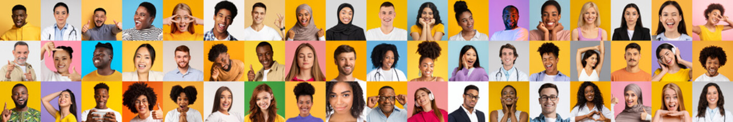 Poster - A vibrant collage features a variety of diverse individuals displaying joyful expressions. The collection highlights the beauty of diversity and human connection against colorful backgrounds.