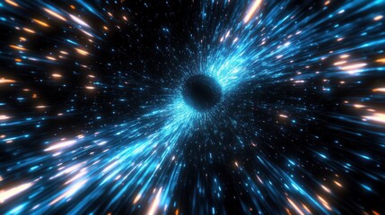 dynamic visual of a glowing black hole with blue and white light rays streaming around it, evoking m