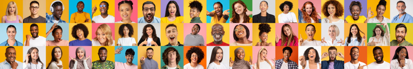 Poster - This lively collage features a diverse collection of faces, showcasing individuals from various backgrounds smiling and sharing joyful moments. The portraits highlight inclusivity and happiness.
