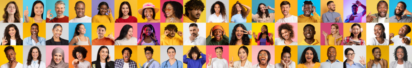 Poster - A vibrant collage features individuals of various backgrounds smiling joyfully. Each face displays a unique personality and lifestyle in bright, colorful backgrounds that celebrate diversity.