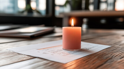 Poster - Soft candlelight illuminates a workspace on a wooden table during the evening